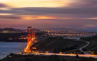 Обои San Francisco, the Golden Gate Bridge, облака, Золотые ворота, Сан - Франциско, утро, огни