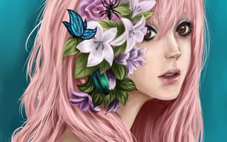 Картинка арт, розовые волосы, девушка, цветы, жук