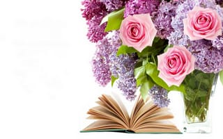Картинка flowers, цветы, сирень, lilac, розы, букет, книга, roses, bouquet, book