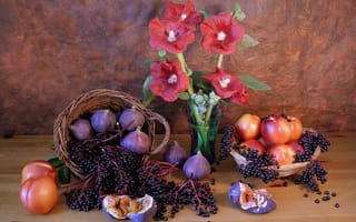 Картинка фрукты, цветы, ваза, нектарин, инжир, натюрморт, мальвы, ягоды