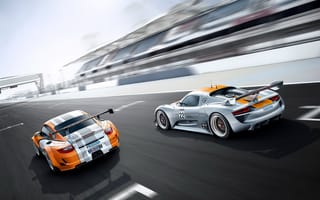 Картинка Porsche, порше, гоночный трек, RSR, 2.0, Hybrid, гибрид, 918, and, Concept, вид сзади, GT3, 911, солнце