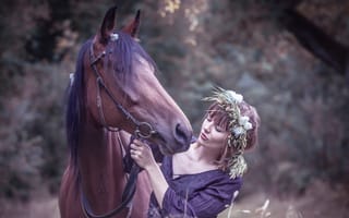 Картинка девушка, природа, конь, настроение