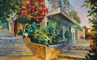 Картинка Leonid Afremov, пейзаж, балкон, лестницы, живопись, городской, цветы