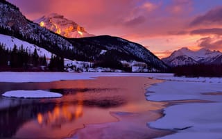 Обои озеро, отражение, снег, облака, небо, горы, зима