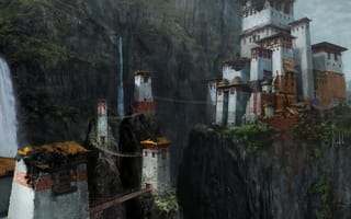 Картинка горы, мост, скалы, водопад, разруха, здания, азия