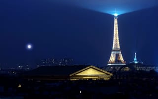 Картинка Париж, луна, ночь, освещение, подсветка, Эйфелева башня