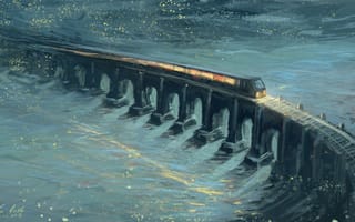 Картинка живопись, арт, мост, рельсы, поезд, река