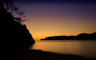 Картинка Rosario Beach, утро, Washington, US, силуэт, лес, озеро, скалы