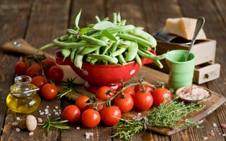 Картинка овощи, Anna Verdina, соль, помидоры, посуда, масло, зелень, сыр, горох