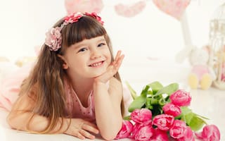 Картинка девушка, тюльпаны, лицо, цветы, ребенок