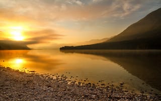 Картинка Bohinj, озеро, гора, рассвет, Slovenia, природа, дымка