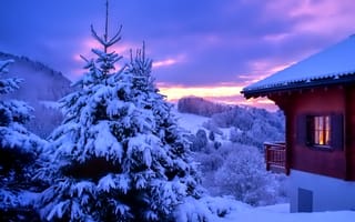 Картинка Зима, дом, снег, деревья, свет, холмы