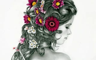 Картинка живопись, спина, прическа, волосы, профиль, девушка, белый фон, плечо, кудри, ресницы, цветы