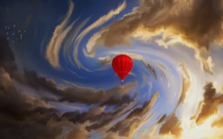 Картинка арт, птицы, небо, красный, облака, воздушный шар