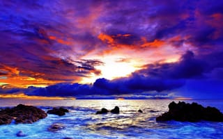 Обои небо, закат, зарево, море, берег, облака, скалы, тучи, камни