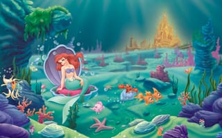 Картинка The Little Mermaid, дворец, Ариэль, Русалочка, Сильвестр, рыбы, водоросли