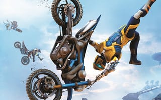 Картинка Trials Fusion, колёса, небо, трюк, грязь, дома, тучи, киборг, Ubisoft Entertainment, мотоцикл, RedLynx, шины, робот