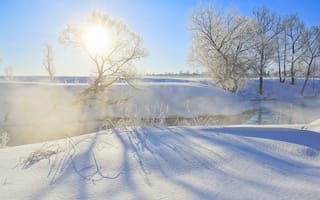 Картинка зима, река, утро, пейзаж, туман