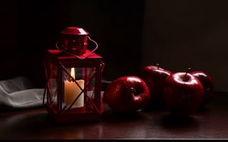 Картинка фонарь, свеча, яблоки, красные, фрукты