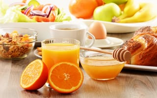 Обои сок, апельсиновый, фрукты, мюсли, еда, ложка, булочка, завтрак, яблоки, апельсины, мед, бананы, салат