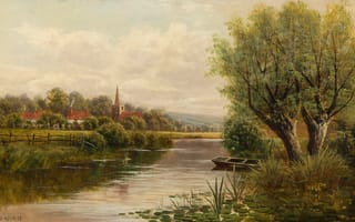 Картинка John Atkinson, река, картина, лодка, пейзаж, дома, небо, деревья, Welsh River