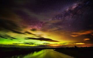 Картинка Новая Зеландия, сияние, ночь, река, звезды