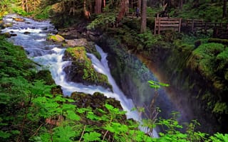 Картинка Sol Duc Falls, река, водопад, лес, радуга, Olympic National Park, Washington
