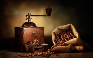 Картинка мешок, grain, coffee grinder, кофемолка, кофейные зерна, лопатка, coffee beans, bag, shoulder, зерна