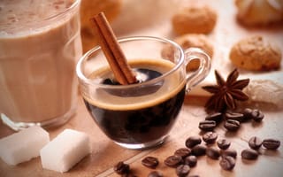 Картинка кофе, палочки, печенье, стакан, корица, анис, сахар, чашка, зерна, десерт, бадьян
