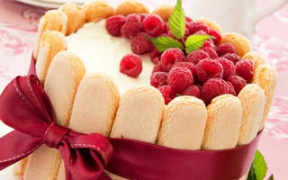 Картинка торт, сладкое, ягоды, ленточка, бант, малина, печенье, десерт, крем