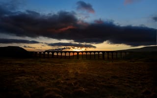 Картинка закат, пейзаж, поезд, мост