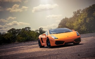 Картинка Lamborghini, оранжевая, front, ламборгини, orange, деревья, блик, галлардо, небо, Gallardo, ламборджини
