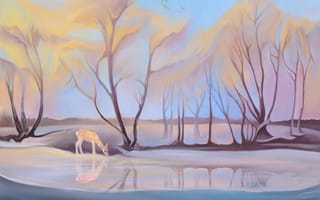 Картинка нарисованный пейзаж, птицы, деревья, озеро, оленёнок