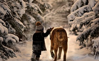 Картинка природа, снег, зима, собака, ребенок, деревья