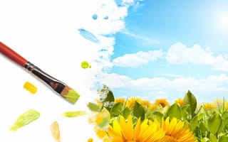 Картинка Sunflower, небо, солнце, field, gold, облака, paintbrush, рисунок, flowers, yellow, подсолнух, beauty, кисть, золотистый, цветы, жёлтый, подсолнечник, поле, sun, sky, clouds