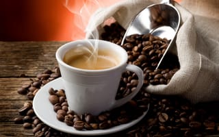 Картинка Coffee, блюдце, cream, steam, cup, sack, лопатка, бобы, кофе, пар, scoop, espresso, пена, крем-пенка, мешочек, foam, кофейные, saucer, эспрессо, чашка, зёрна, coffee beans, совок
