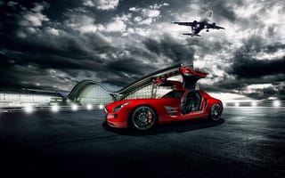 Картинка мерседес бенц, красный, аэропорт, SLS, Mercedes-Benz, AMG, red, самолёт, 63