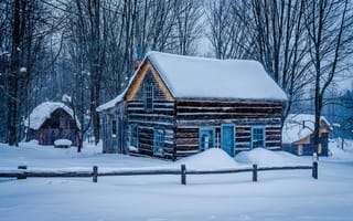 Картинка Miners Log Cabin, снег, дом