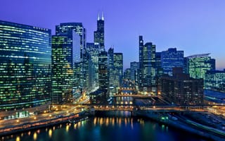 Картинка мост, ночь, река, вечер, небоскребы, Чикаго
