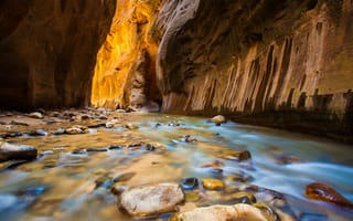Картинка национальный парк Зион, Utah, США, ущелье, by Marc Perrella, Zion National Park, камни, река, скалы