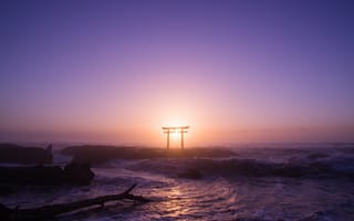 Картинка волны, Japan, небо, Япония, океан, ворота, пейзаж, тории