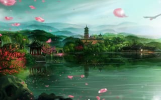 Картинка арт, лепестки, озеро, дома, холмы, yingzhiping, азия, сакура