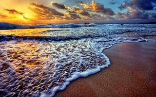 Картинка beach, волны, море, seascape, sunset, пляж, sea, закат