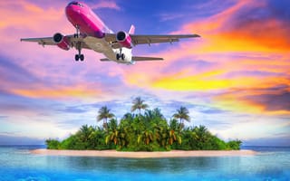 Обои Самолет, летящий над островом, пляж, море, тропики