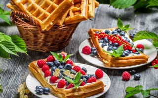 Картинка еда, Waffles with whipped cream and fruits of the forest