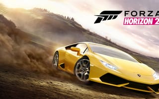 Обои автомобиль, лого, Lamborghini, колёса, деревья, Microsoft Game Studios, земля, бык, Forza Horizon 2, жёлтый, дым, небо, logo, Turn 10 Studios, машина, Huracán, Playground Games