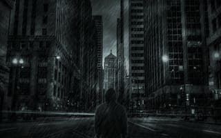 Картинка улица, куртка, Город, дождь, человек, небоскребы
