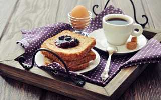 Картинка поднос, завтрак, ложка, тосты, сахар, салфетка, яйцо, варенье, хлеб, джем, еда, кофе