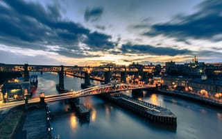 Картинка River Tyne, мосты, мост, ночной город, река Тайн, Newcastle, Ньюкасл, Swing Bridge, England, Англия