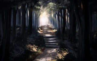 Картинка нарисованный пейзаж, лес, арт, дорога, деревья, лестница